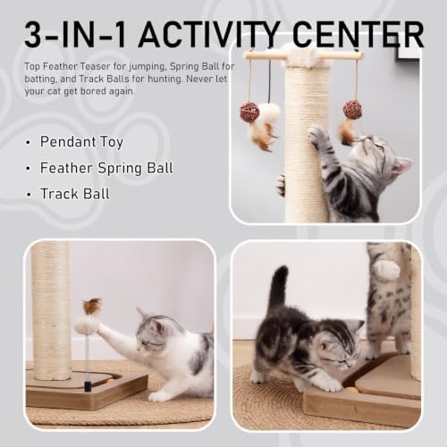 PEEKAB Cat Scratching Post for Indoor Adult Cats and Kittens,33 Inches Tall Large Sisal Scratch Post with Track Ball Toys,Cat Scratcher Toy Beige
