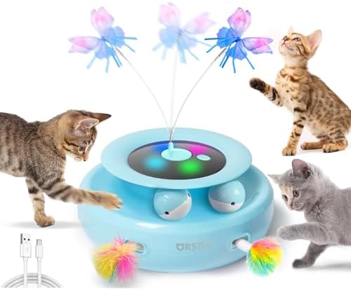 ORSDA Cat Toy, 3-in-1 Automatic Interactive Electronic Moving Ambush Feather, Fluttering Butterfly, Track Balls, USB Rechargeable Powered Smart Indoor Exercise Kicker