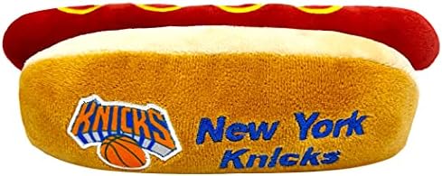 Pets First NBA New York Knicks HOT Dog Plush Dog & CAT Squeak Toy - Cutest HOT-Dog Snack Plush Toy for Dogs & Cats with Inner Squeaker & Beautiful Basketball Team Name/Logo 8 x 5 x 3 Inches
