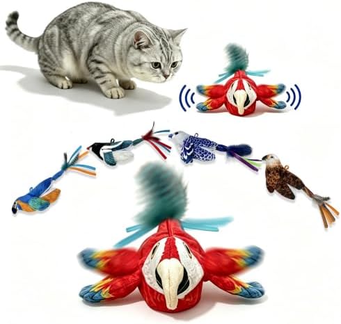 Interactive Bird Cat Toy for Indoor Cats, Flapping Wings and Moving Tail, Auto Chirping Cat Toy, Touch Activated Rechargeable Self Play Cat Kicker Toy, with 5 Bird Covers and Catnip Pouches