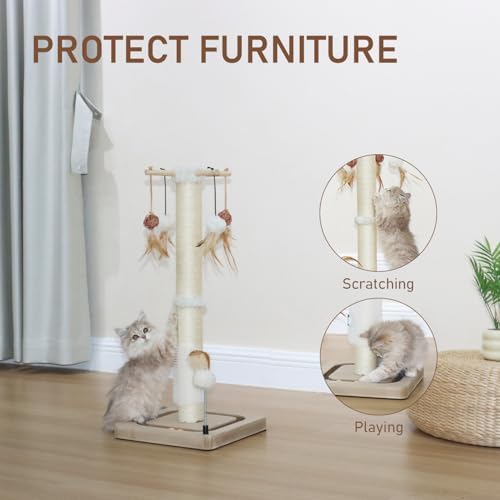 PEEKAB Cat Scratching Post 27 Inches Sisal Scratch Posts for Indoor Cats,with Track Ball Toys Kitten Vertical Scratcher Furniture Beige