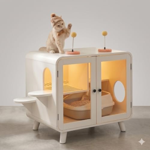 Hidden Cat Litter Box Enclosure Cat House Furniture with RGB LED Light Stairs Pom Pom Toys Glass Doors Litter Leak Walkway Cat Washroom Cabinet White Pet Furniture for Indoor Cats Modern