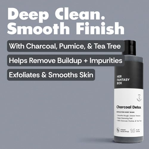 Her Fantasy Box | Charcoal Detox Exfoliating Body Wash – Activated Charcoal & Pumice Deep Cleanser with Tea Tree & Eucalyptus, Refreshing Exfoliation for Smoother Skin, Vegan & pH Balanced (8 oz)