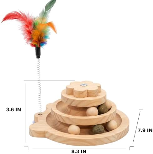 Interactive Wooden Cat Toy with Catnip Balls & Spring Feather Wand, 3-Tier Pine Wood Track Ball Tower for Indoor Cats, Kitten Mental Stimulation & Exercise Play Set