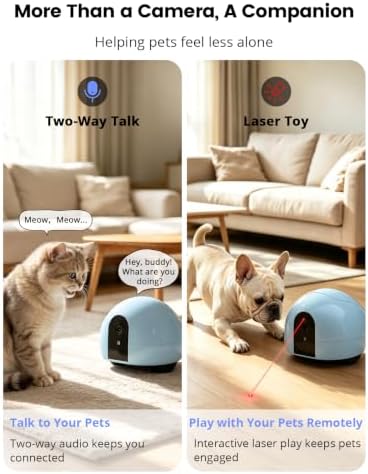 Interactive Pet Camera Robot with Treat Dispenser & Laser, Moving Cat & Dog Camera, Remote Control Pet Monitor with Two-Way Audio, Night Vision, App Control & Auto Recharge