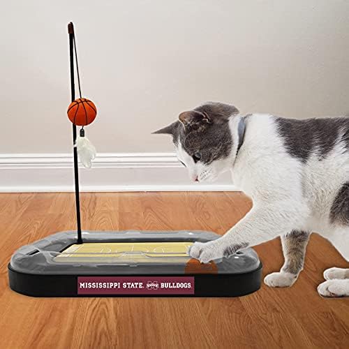Cat Scratch Toy NCAA MISSISSIPPI STATE Bulldogs REVERSIBLE Basketball Court Felt/Cardboard Cat Scratcher Toy. Interactive Cat Ball Bell. 6-in-1 CAT TOY: Cat Wand Poll CATNIP-FILLED Plush Basketball