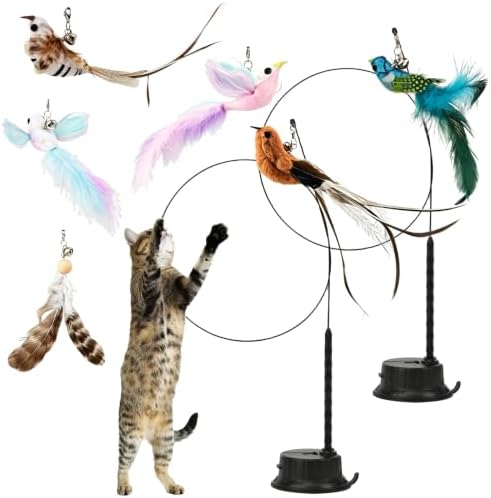 8 PCS Interactive Bird Simulation Cat Toy Set,Cat Wand Toy Feather Stick Cats Toys,2 Self-Holding Suction Cup Bases and 5 Replacement Birds,Durable Feather Wand Bird for Indoor Bored Cats