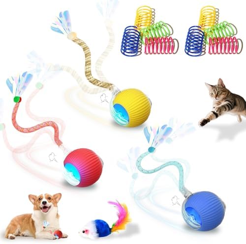 3-Pack Interactive Cat Toys Ball for indoor Cats＆Dog,Automatic Cat Toy with Smart Obstacle Avoidance Ball with Elastic Mesh Tail,8 Cat Spiral Spring,Cat Enrichment Toys for Indoor Cats(RedYellowBlue)