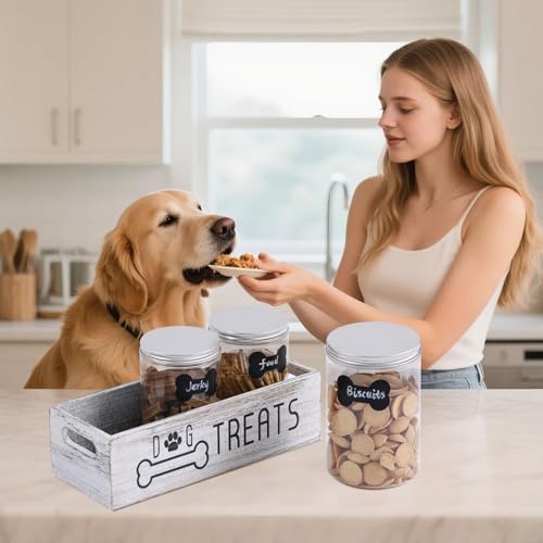 Dog Treat Container with 3 Airtight Jars, Wooden Pet Food Organizer
