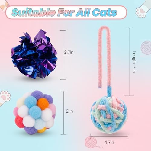 9 Pack Cat Toy Balls for Indoor Cats, Pom Pom Fuzzy Balls with Bells, Wool Yarn Toy with String, Mylar Crinkle Balls Interactive Kitten Toys for Indoor Cats Chase and Play Keep Busy Stress Relief