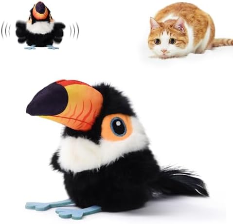 Petgravity Flapping Bird Cat Toy (No Flying), Lifelike Toucan Chirp Tweet Kitten Toy, Rechargeable Touch Activated Cat Toy Interactive Catnip Toy Exercise Toys for All Breeds 5.1" (Black)