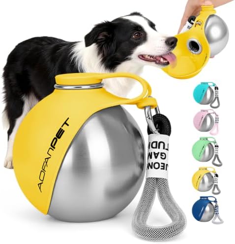 Portable Dog Water Bottle 10oz Stainless Steel Travel Dog Water Dispenser with Bowl No-Spill Puppy Water Bottle for Walking Hiking Small Dog Water Bottle (Yellow)