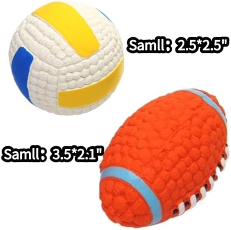 Squeaky Chew Dog Toys Interactive Sports Balls with Squeaker Soft Latex Rubber Bouncy Fetch Ball Toy (Soccer, Volleyball, Football, Tennis) for Puppy & Dog (Volleyball+Football,Small)