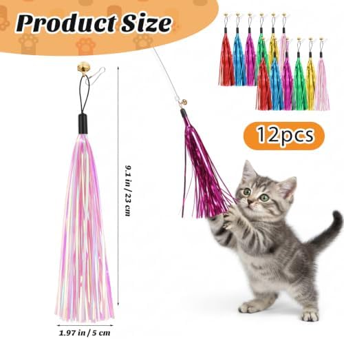 12 Pcs Cat Wand Toy Replacement with Bell Metallic Foil Tassel