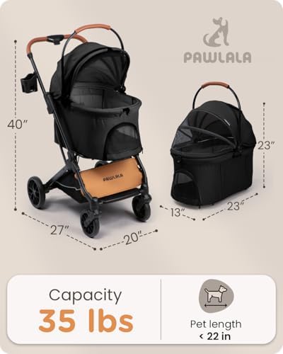 Pet Stroller with Detachable Carrier for Small & Medium Dogs & Cats, Smooth Comfort Ride with Shock-Absorbing Suspension, Foldable Dog Stroller, Compact Storage (Midnight Black)