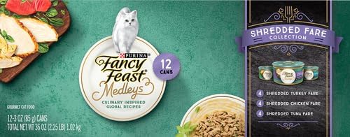 PURINA Fancy Feast Wet Cat Food Variety Pack, Medleys Shredded Fare Collection - (12) 3 oz. Cans (Pack of 2)