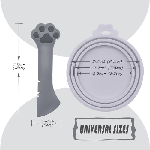 Pet Food Can Spoon & 3 Pcs Can Covers | Cute Paw Shape Opener Spatula Cat Wet Food Spoon | Universal BPA Free Silicone Lids for Dog Cat Cans(Grey)