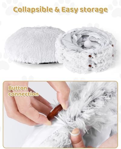 Cat Tunnel Bed with 20 Pcs Interactive Toys, 3-in-1 DIY Collapsible Plush Cat Tube with Washable Mat, Large Indoor Play Tunnel Cave for Kittens and Small Animals