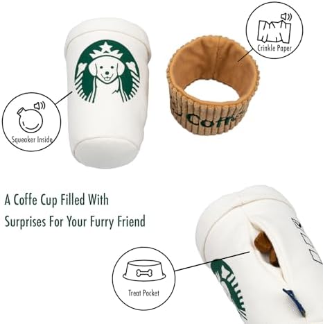 Interactive Dog Toy Set, Squeaky Laptop and Coffee Cup Plush Toys with Crinkle Paper and Treat Pocket, Work from Home Theme for Small to Medium Dogs