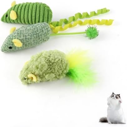 Andiker 3PCS Cat Mouse Toys, Colorful Catnip Toys for Cats with Rattle Box Ribbon Feather Interactive Cat Toys for Indoor Cats to Chew Bite Teeth Cleaning (Green)