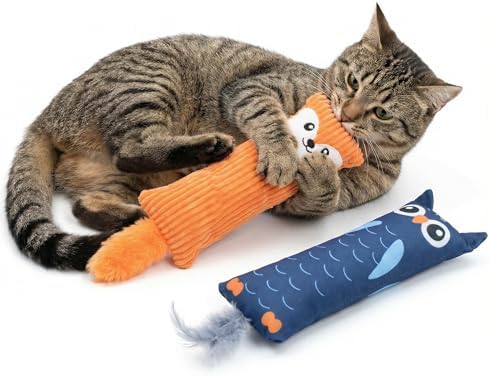 Fashion's Talk Catnip Toys for Indoor Cats, 2-Pack Large Plush Fox & Owl Kicker Toys, Cat Chew Toys with Crinkle Sound Organic Catnip – Hunting Instincts Exercise (2)