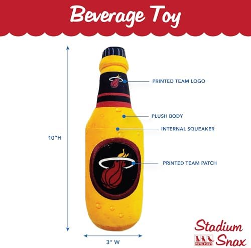 Pets First NBA Miami Heat Beer Bottle Plush Dog & CAT Squeak Toy - Cutest Stadium SODA Bottle Snack Plush Toy for Dogs & Cats with Inner Squeaker & Beautiful Basketball Team Name/Logo