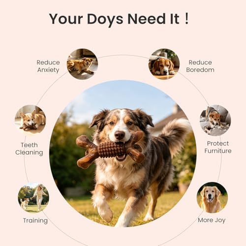 BoYoYo Indestructible Dog Chew Toys for Aggressive Chewers, Tough Dog Toys for Large & Medium Dogs, Dog Chew Bones Long Lasting to Keep Them Busy, Durable Bacon Flavored Toy, Brown