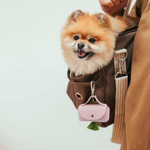 Leather Poop Bag Holder Dispenser for Leash, Portable and Reusable Dog Poop Dispenser, Dog Bag Holder for Walking, Outdoor, Travelling (Pink)