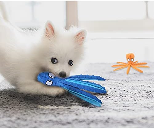 WishLotus Octopus Dog Squeaky Toy - No Stuffing, Plush, Crinkle Paper in Legs, Corduroy Interactive Play & Teething Toy for Small, Medium Dogs (Blue)