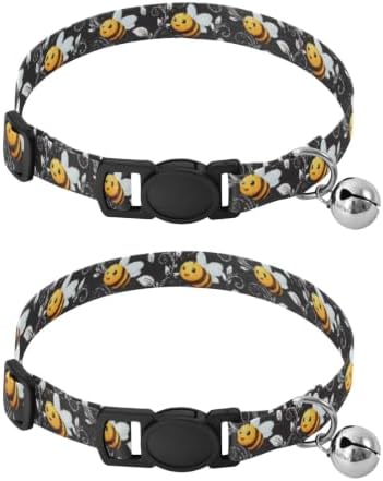 Cute Cartoon Bees White Wings Puppy Collar with Bell 2 Pack Kitten Collars Adjustable 10.6 to 17.1 Inches