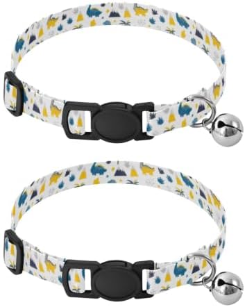 Cute Cartoon Dinosaurs Blue Cat Collars with Bell 2 Pack Puppy Collar Adjustable 10.6 to 17.1 Inches