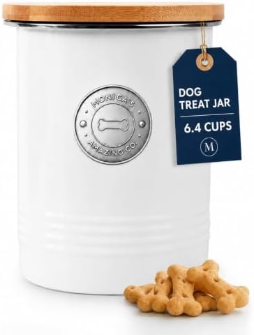 Dog Treat Container with Bamboo Lid, White Metal, 5.1” W x 6.5” H, 6.4 Cups
