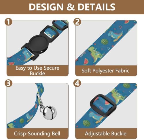 Cartoon Dinosaurs Listening Music Cat Bell Collar 2 Pack Cats Collar Adjustable Length 10.6" to 17.1"