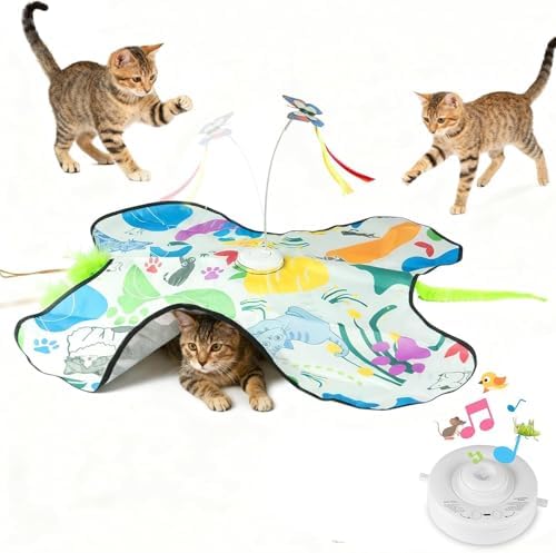 Interactive Cat Toys Rechargeable for 4 in 1 Hide and Seek Game, Moving Concealed Wand Feathers, Real Mouse Squeaky, Durable Exercise Toys for Indoor Cats for Bored Adult Cats Wand Toy