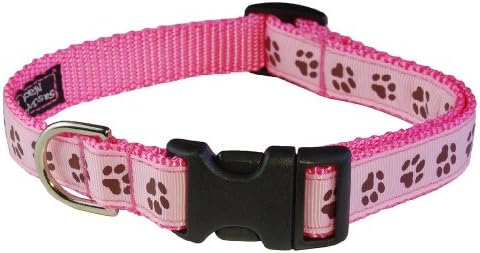 Medium Pink/Brown Puppy Paws Dog Collar: 3/4" Wide, Adjusts 13-20" - Made in USA.