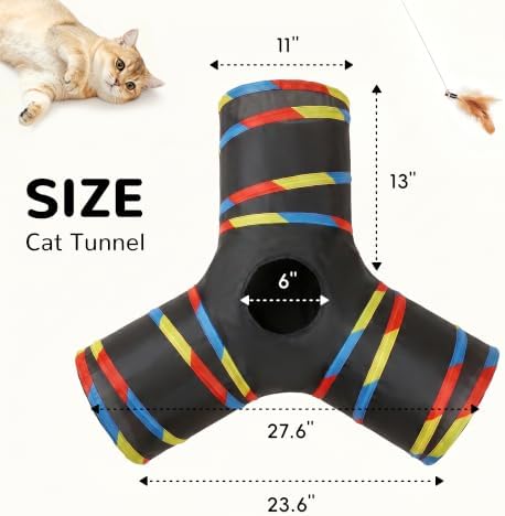 Tempcore Cat Tunnel, 3-Way Collapsible Toy for Indoor Cats, Black & Rainbow