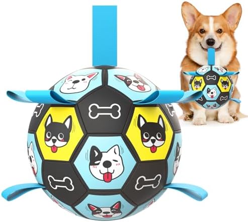 Dog Toy Soccer Ball with Straps, Herding Ball for Dogs, Outdoor Interactive Dog Toy, Dog Fetch Toy, Ideal for Medium & Large Dogs, Great Puppy Birthday (6 Inch)