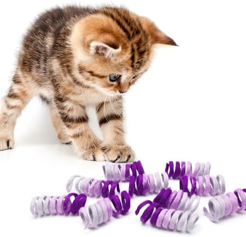Glaciart One Felt Mini Spring Cat Toy – 10 Pcs Soft Fuzzy Enrichment 100% Natural Wool - Interactive Stretchable Play Cat Toy Set - Safe for Pets, Non-AZO Colored Dyes - 11” Long