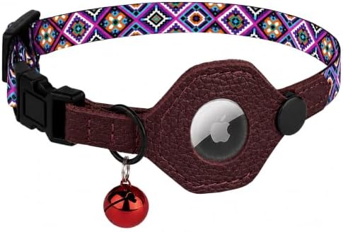 Breakaway Cat Collar with Leather AirTag Holder & Bell - Apple Air Tag Cat Collars for Girls & Boys, Lightweight Anti-Lost GPS Tracker Design, Printed Pattern - Safety and Adjustable (Aztec)