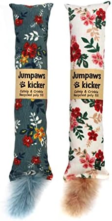 Jumpaws 2 Pack Natural Interactive Catnip & Silvervine Cat Kicker with Feathers, Bite Resistant Chew Toy, Crinkle Kicker, Accessories for Indoor Cat, Premium Corduroy Floral