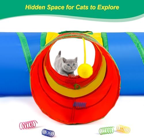 Cat Tunnel 4 Way Collapsible, Interactive Cat Toys for Indoor Cats, 12 PCS Cat Springs Toy Kitten Toys Pack, Large Rainbow Bunny Tunnel Tube with Peephole, Pet Tunnels for Cats Kitty Rabbits