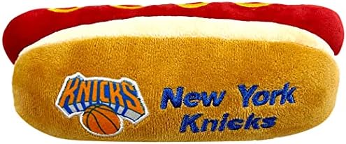 Pets First NBA New York Knicks HOT Dog Plush Dog & CAT Squeak Toy - Cutest HOT-Dog Snack Plush Toy for Dogs & Cats with Inner Squeaker & Beautiful Basketball Team Name/Logo 8 x 5 x 3 Inches