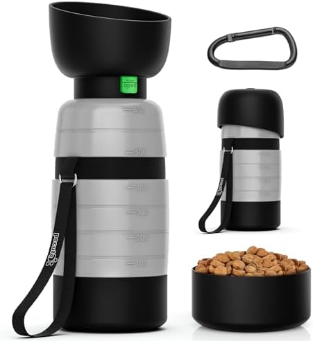 Pecute Upgraded 22 oz Dog Water Bottle with 5 oz Food Container, Portable Dog Travel Water Bottle Dispenser, Leakproof, BPA Free, Lightweight, Pet Water Bottle Bowl for Outdoor Walking Hiking Camping