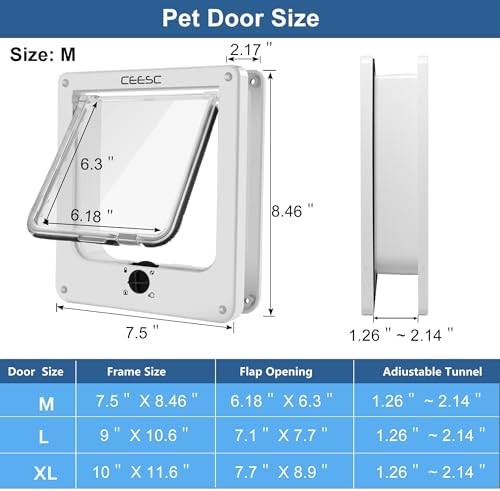CEESC Medium Cat Door for Interior/Exterior, for Pets <15.75", White | Rotary 4-Way Lock, Weatherproof, Fits doors 1.26-2.14", Adjustable tunnel depth, Upgraded version