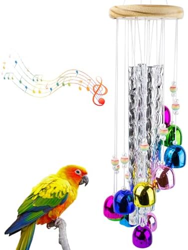 FlidRunest Bird Toys, Conure Wind Chimes Chewing Toy with Colorful Stick, Parakeet Toys 4 Aluminum Tubes 11 Bells, Parrot Cage Windchime Hanging Bells Toys for Conure, Parakeet, Cockatiel