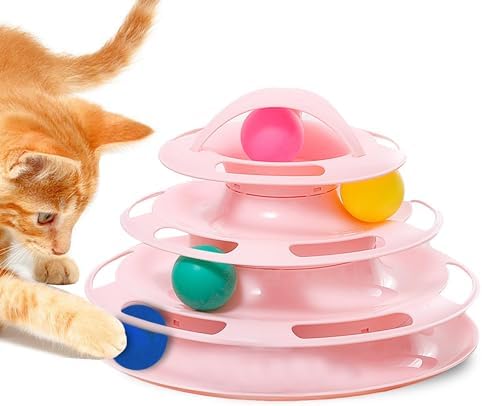Vila 4-Tier Cat Tower, Multi-Level Interactive Track, Kitten Toy for Indoor Felines Self-Engage with 4 Chase Multicolored Balls, Pink, 1 Set Per Pack