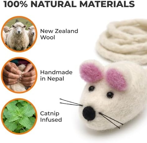 Glaciart One Mini Felt Mouse Cat Toy – Kitten & Small Cat Size, Natural Wool Catnip Toy, Soft Fuzzy Interactive Play Toy for Indoor Kittens, Safe Non-AZO Dyes, 1.4” Body with 12” Tail