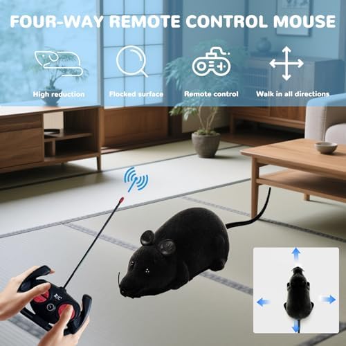 Remote Control Rat Mouse Cat Toy Realistic RC Fake Rat Mouse Toy Flocking Wireless Funny Chasing Electronic Interactive Cat Toys Prank Joke Scary Trick Rats for Cats Dogs Novelty (Black)