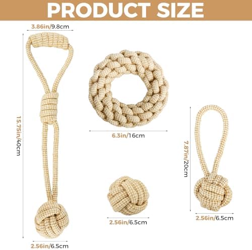 4 Pack Dog Rope Toys for Small Dogs, Heavy Duty Puppy Teething Sturdy Cotton Chew Tug Ropes, Tough Interactive Tug Pull Rope for Dogs, Teeth Cleaning
