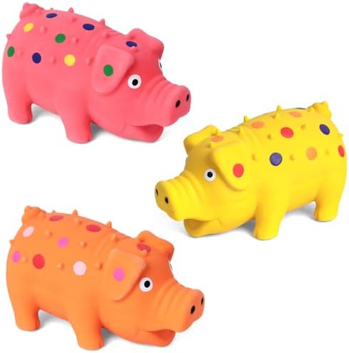POPLAY 3 PCS Squeaky Latex Grunting Pig Dog Toys, 4 Inch Durable Rubber